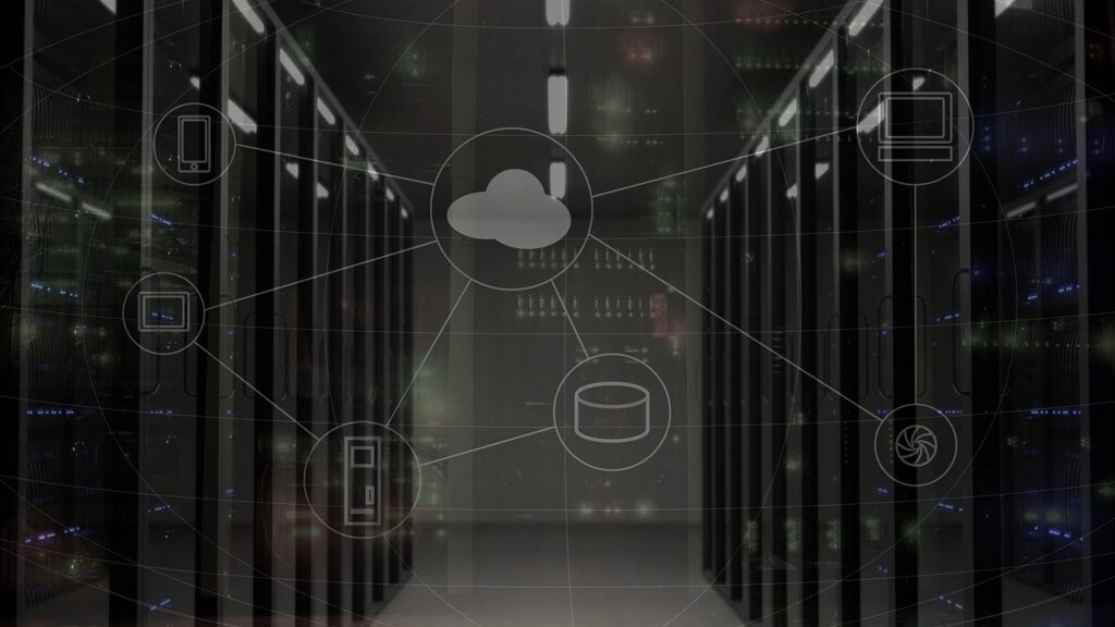 Data center with network visualization representing OTA firmware updates, enabling remote updates across connected devices